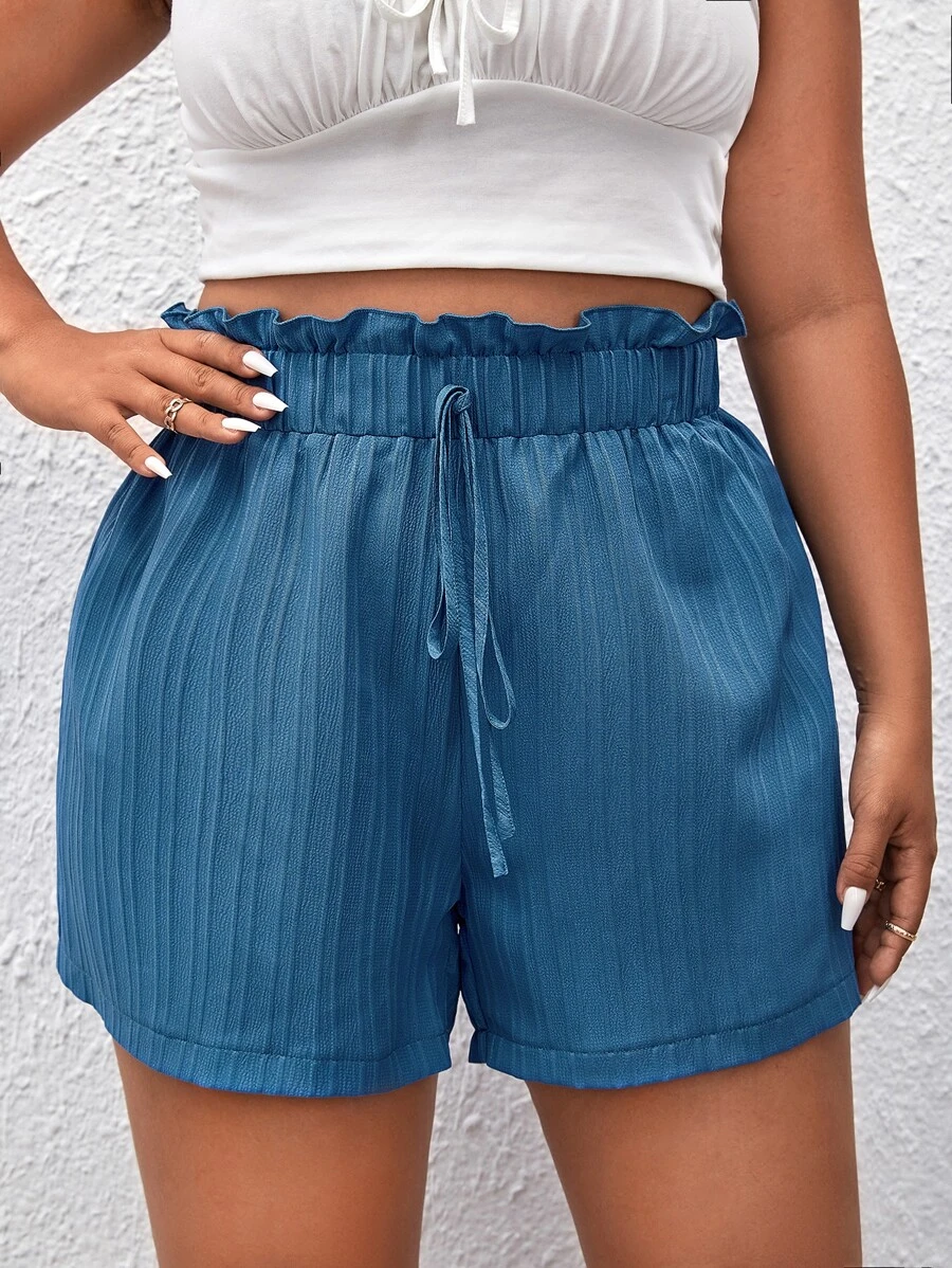 SHEIN VCAY Plus Tie Front Paperbag Waist Shorts - Blue - View 1