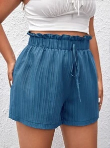 SHEIN VCAY Plus Tie Front Paperbag Waist Shorts - Blue - View 4