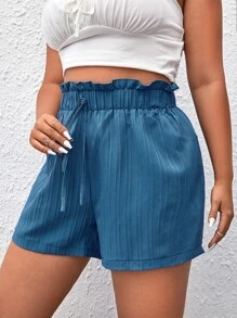 SHEIN VCAY Plus Tie Front Paperbag Waist Shorts - Blue - View 5