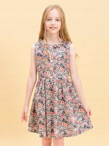 Chicas Vestido con estampado floral ribete con fruncido - Multicolor - Ver 1