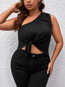 SHEIN Unity Plus One Shoulder Knot Hem Top - Black - View 1