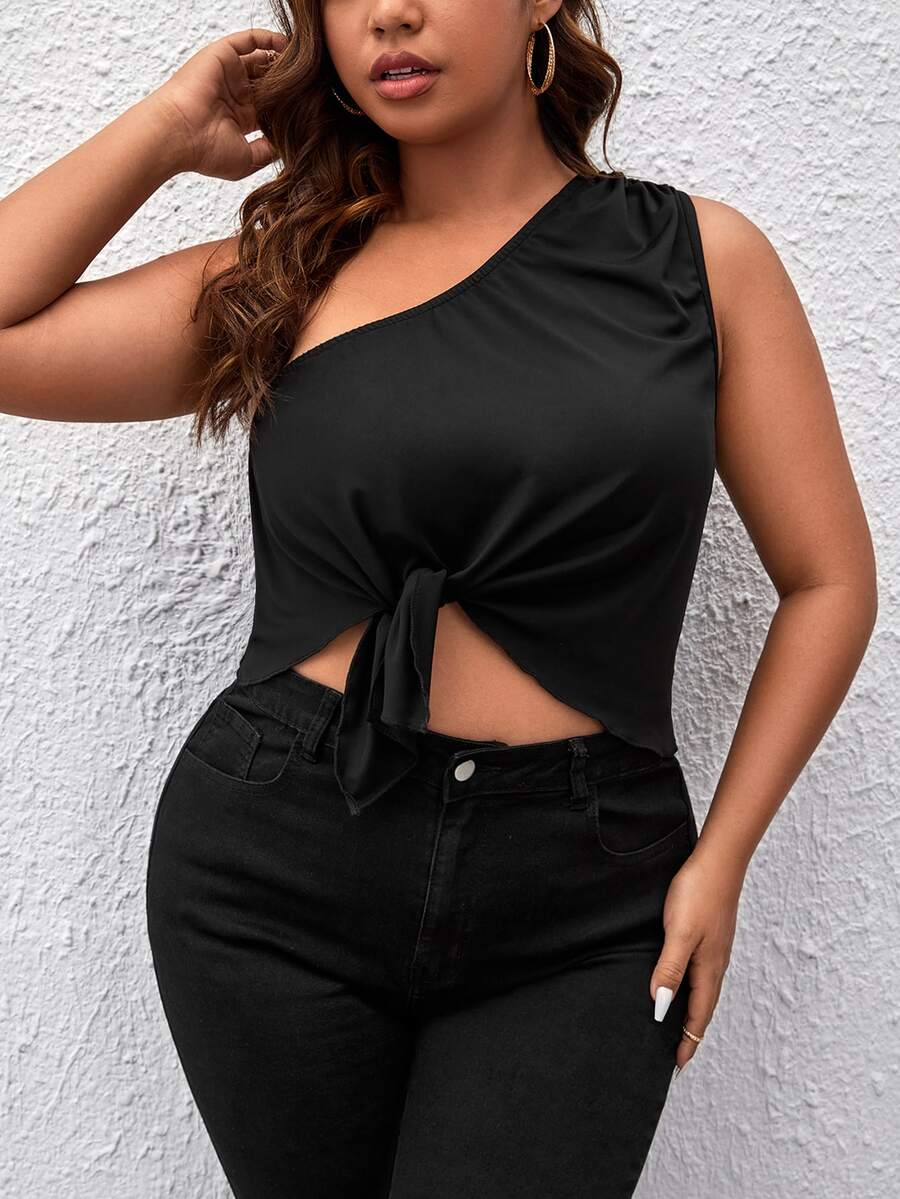 SHEIN Unity Plus One Shoulder Knot Hem Top - Black - View 1