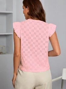 SHEIN Privé Camiseta con bordado con ojal ribete con fruncido - Rosa Pálido - Ver 2