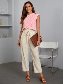 SHEIN Privé Camiseta con bordado con ojal ribete con fruncido - Rosa Pálido - Ver 4