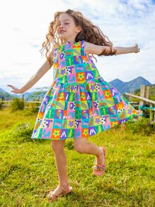 女孩撞色拼接圖案娃娃裙 - 彩色 - 查看 3