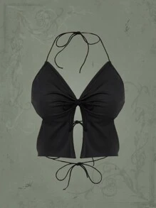 ROMWE Solid Tie Backless Halter Top - Black - View 1