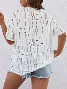 SHEIN LUNE áo nữ kích thước lớn Cắt ra màu trơn Giải trí - trắng - Xem 2