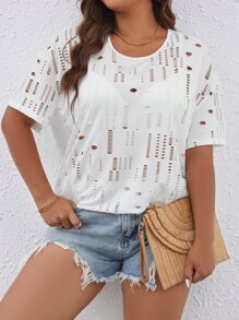 SHEIN LUNE áo nữ kích thước lớn Cắt ra màu trơn Giải trí - trắng - Xem 3