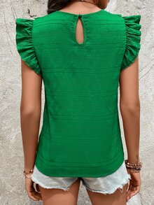 SHEIN VCAY 素色荷葉邊後鎖孔襯衫 - 綠色 - 查看 2