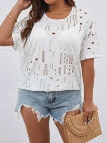 SHEIN LUNE áo nữ kích thước lớn Cắt ra màu trơn Giải trí - trắng - Xem 5