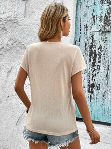 SHEIN LUNE Áo thun nữ Tương phản ren màu trơn Giải trí - Màu be - Xem 2