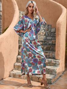 Mandala Print Batwing Sleeve Dress - Blue - View 1