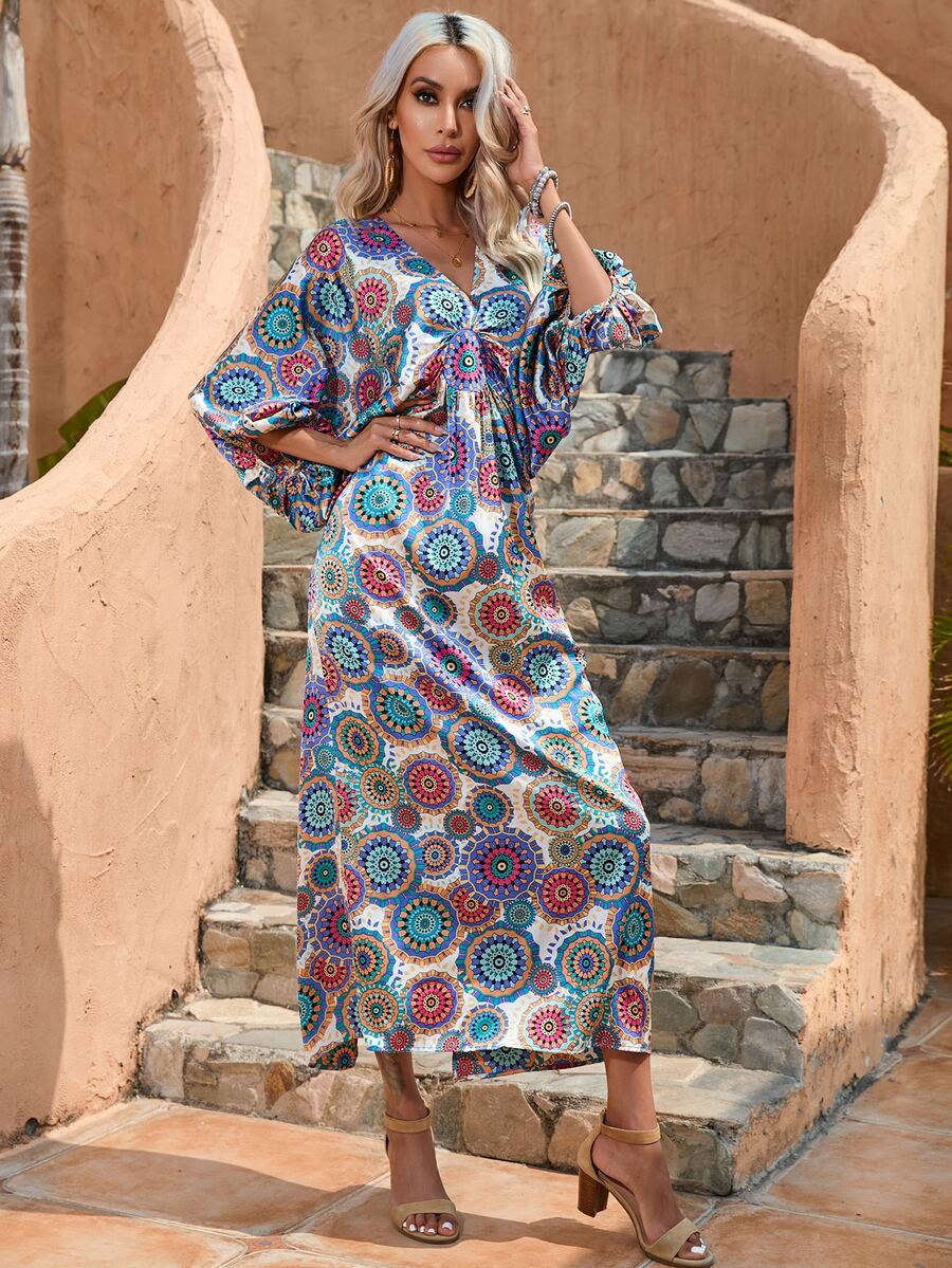 Mandala Print Batwing Sleeve Dress - Blue - View 1
