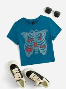 ROMWE PUNK 骷髏和字母圖案T恤 - 水鴨藍 - 查看 1