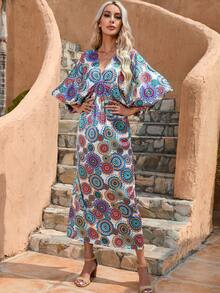Mandala Print Batwing Sleeve Dress - Blue - View 3