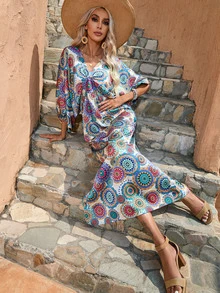 Mandala Print Batwing Sleeve Dress - Blue - View 5