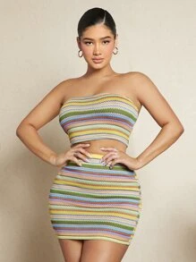 SHEIN SXY 條紋印花抹胸上衣和包臀半身裙 - 彩色 - 查看 3