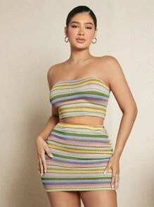 SHEIN SXY 條紋印花抹胸上衣和包臀半身裙 - 彩色 - 查看 4