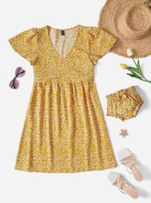 SHEIN V 领短袖彼得潘领前拉链花卉印花孕妇哺乳连衣裙