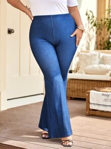 SHEIN LUNE 大碼牛仔效果印花高腰喇叭褲 - 藍色 - 查看 5