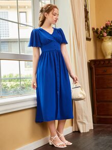 SHEIN Teen Girls Butterfly Sleeve Button Front Dress - Blue - View 3