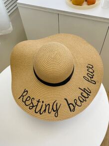 1pc Men Letter Embroidered Boho Straw Hat, For Travel - Khaki - View 2