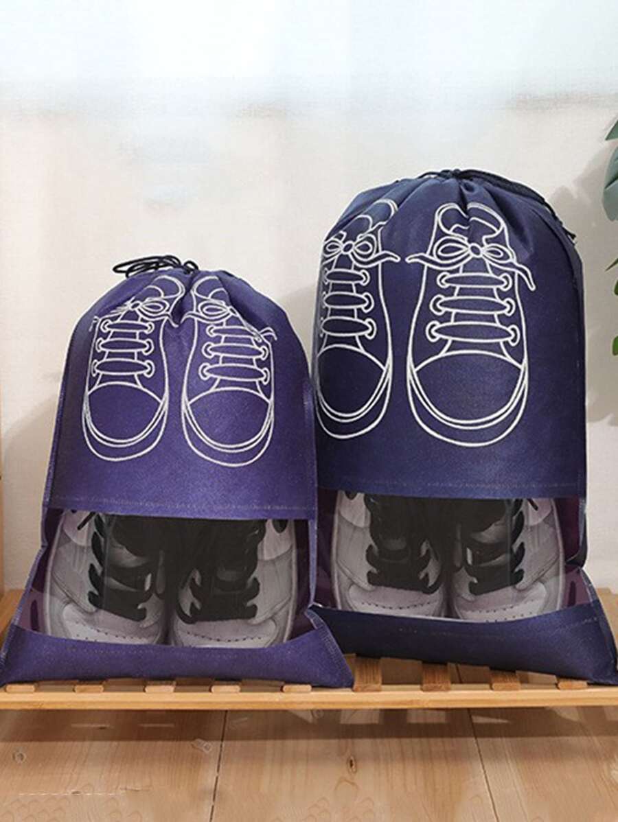 1pc Plastic Shoes Storage Bag, Thick Drawstring Translucent Shoes Organizer For Travel - Navy Blue - View 1