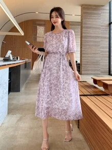 DAZY Đầm Thắt lưng Tất cả trên in Giải trí - Màu Lilac Tím - Xem 1