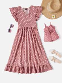 SHEIN Maternity 1pc Polka Dot Print Ruffle Hem Nursing Dress - Coral Pink - View 3