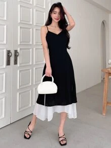 DAZY Two Tone Split Thigh Cami Dress Sundress - Black and White - View 3