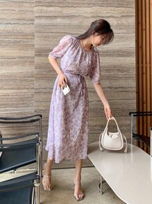DAZY Đầm Thắt lưng Tất cả trên in Giải trí - Màu Lilac Tím - Xem 5