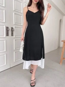 DAZY Two Tone Split Thigh Cami Dress Sundress - Black and White - View 4