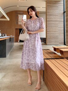 DAZY Đầm Thắt lưng Tất cả trên in Giải trí - Màu Lilac Tím - Xem 6