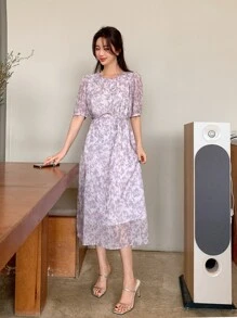 DAZY Đầm Thắt lưng Tất cả trên in Giải trí - Màu Lilac Tím - Xem 7