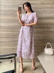 DAZY Đầm Thắt lưng Tất cả trên in Giải trí - Màu Lilac Tím - Xem 8