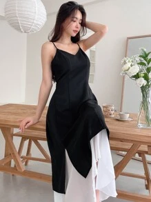 DAZY Two Tone Split Thigh Cami Dress Sundress - Black and White - View 7