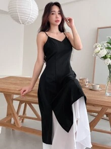 DAZY Two Tone Split Thigh Cami Dress Sundress - Black and White - View 8