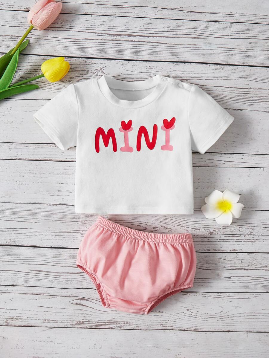 SHEIN 新生兒1件套愛心和字母圖案T恤和短褲 - 彩色 - 查看 1