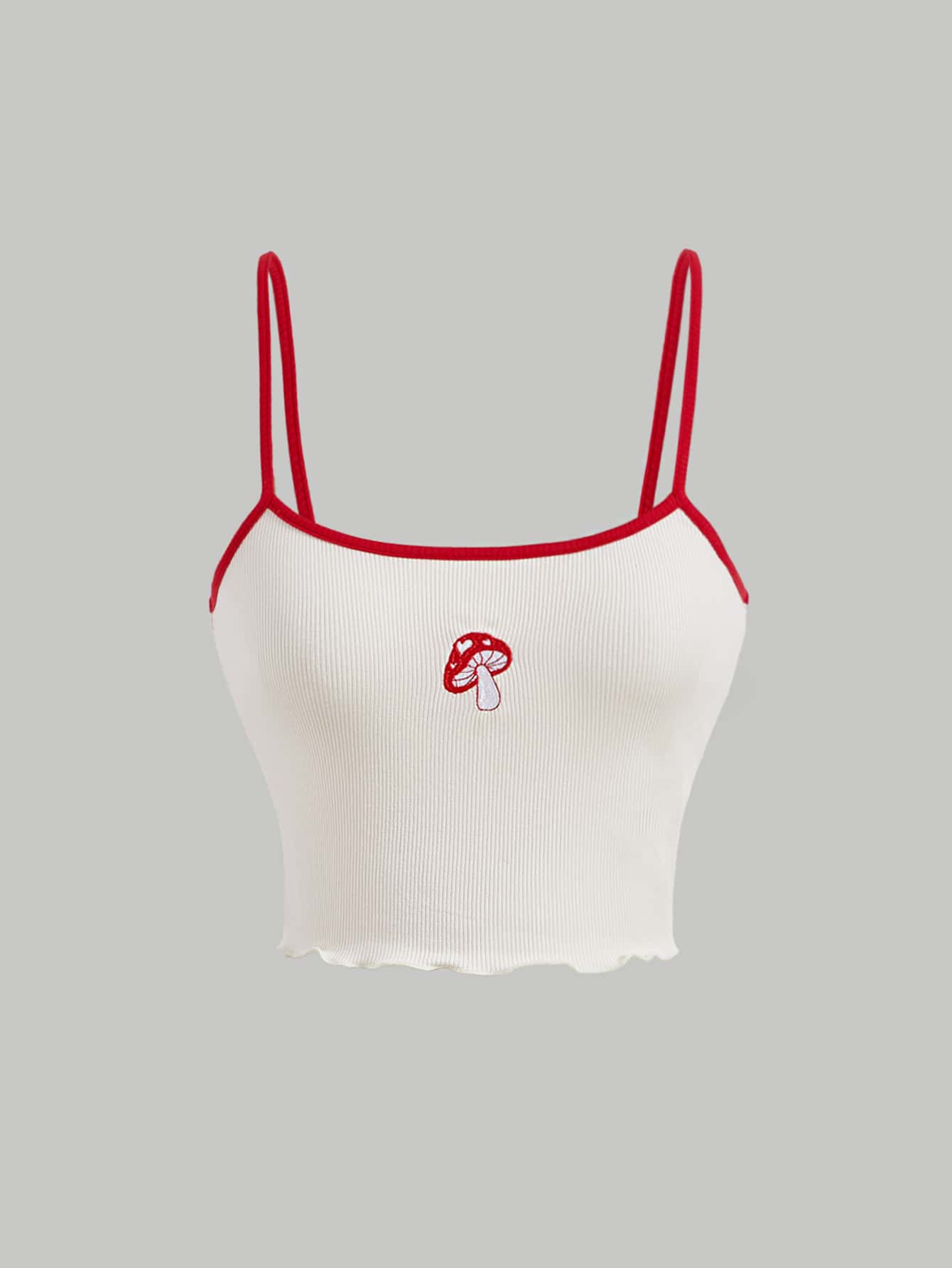 SHEIN MOD Mushroom Embroidery Contrast Binding Summer Cami Top - Beige - View 1