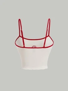 SHEIN MOD Mushroom Embroidery Contrast Binding Summer Cami Top - Beige - View 2