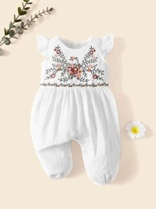 SHEIN Baby 1pc Floral Embroidery Ruffle Trim Jumpsuit - White - View 1