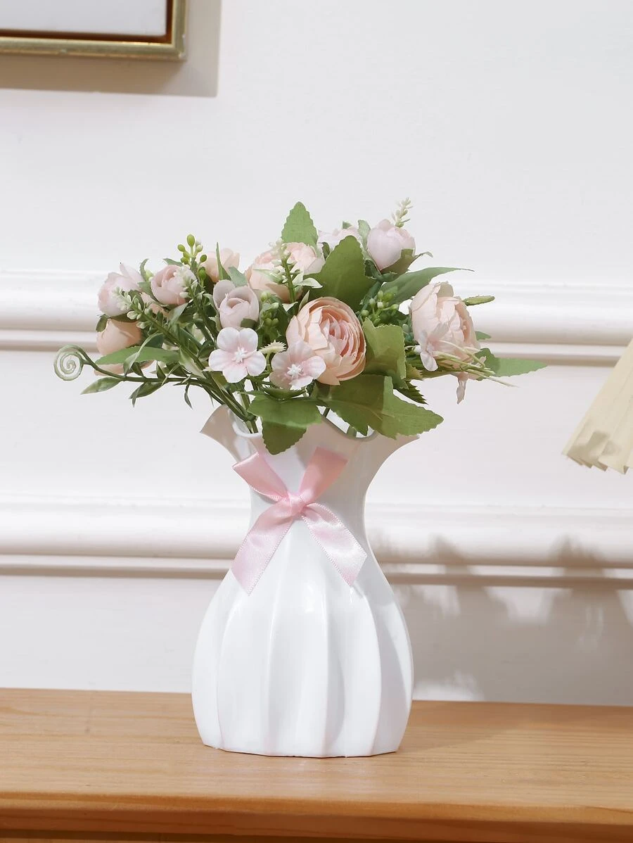 带粉色蝴蝶结的白色塑料花瓶，不能盛水，假花花瓶，插花容器，家居装饰装饰品，家居装饰，花瓶，中心装饰，桌面装饰 - 白色 - 查看 1