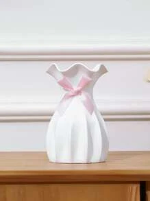 带粉色蝴蝶结的白色塑料花瓶，不能盛水，假花花瓶，插花容器，家居装饰装饰品，家居装饰，花瓶，中心装饰，桌面装饰 - 白色 - 查看 3