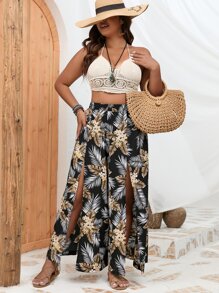 Calvaya Plus Tropical Print Split Thigh Wide Leg Trousers - Multicolor - View 6