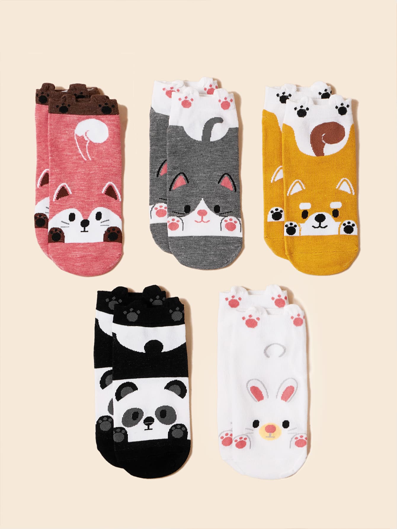 5雙女士卡通動物圖案可愛短襪