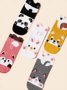 5雙女士卡通動物圖案可愛短襪