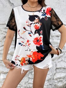 SHEIN LUNE Plus Floral Print Contrast Lace Sleeve Tee - Multicolor - View 4