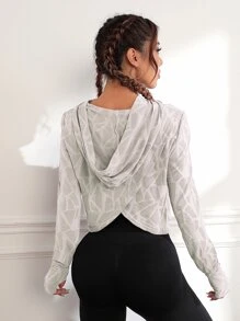 SHEIN Sport Studio Felpa con cappuccio corta con grafica geometrica, scollo avvolgente, adatta per attività sportive, felpa autunnale