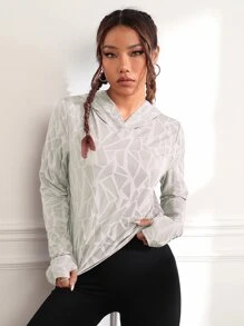 SHEIN Sport Studio Felpa con cappuccio corta con grafica geometrica, scollo avvolgente, adatta per attività sportive, felpa autunnale