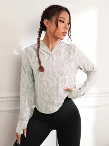 SHEIN Sport Studio Felpa con cappuccio corta con grafica geometrica, scollo avvolgente, adatta per attività sportive, felpa autunnale
